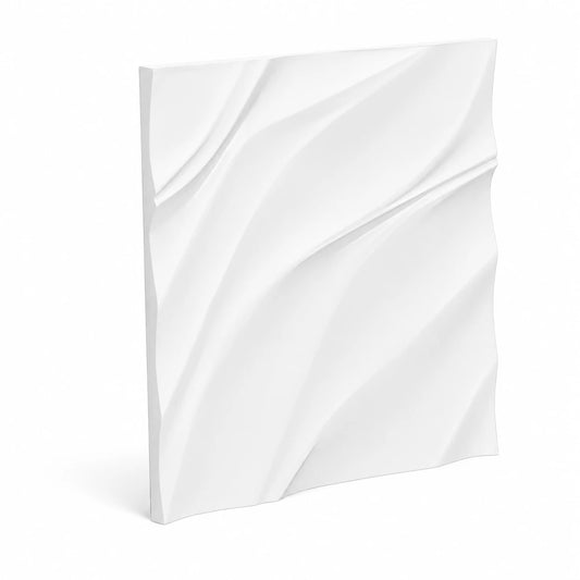 White 50 × 50 cm gypsum 3D wall panel with a flowing wave relief on a plain background