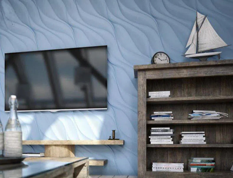WAVES Gypsum 3D Wall Panels blue accent wall in living room interior DecorMania.eu