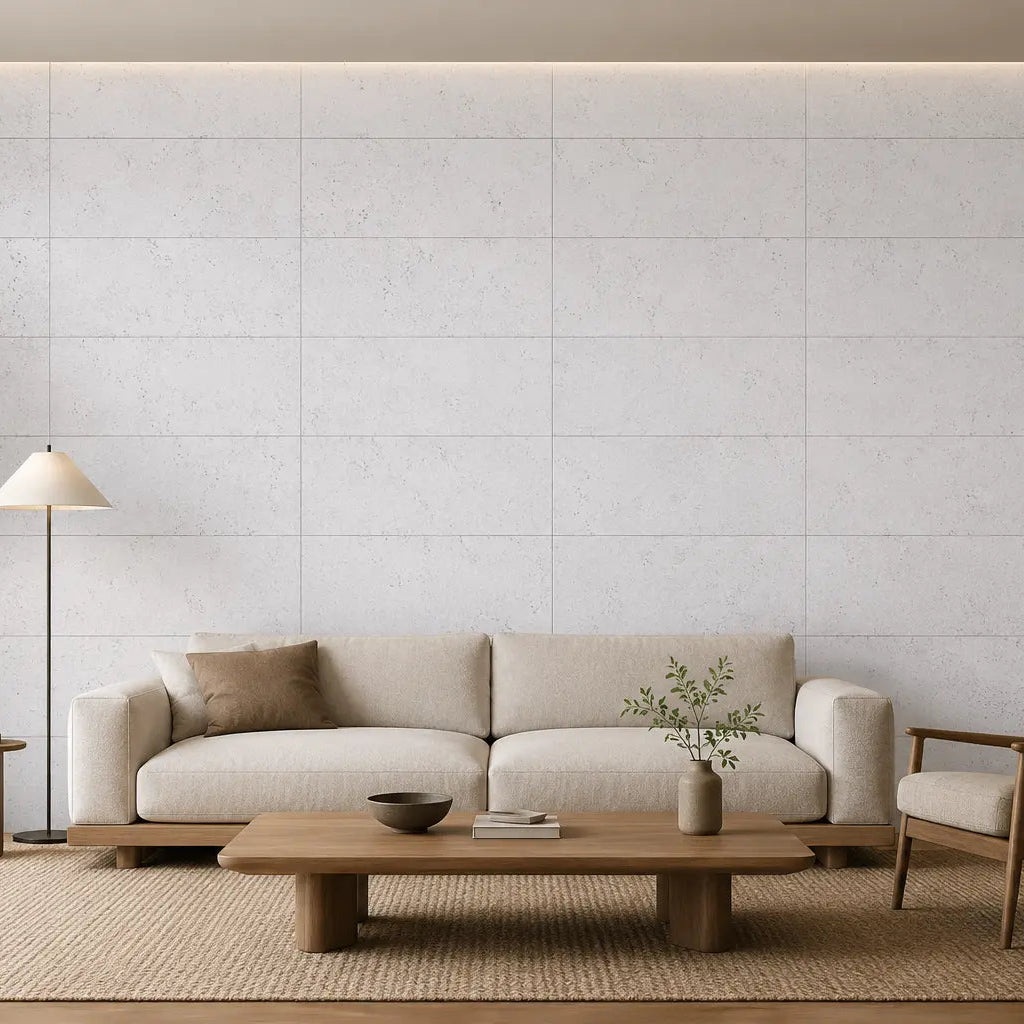 WHITE acoustic cork wall panels in a bright, minimalist living room with a cream sofa, wooden furniture and neutral décor front view