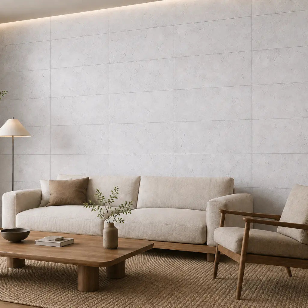 WHITE acoustic cork wall panels in a bright, minimalist living room with a cream sofa, wooden furniture and neutral décor side view