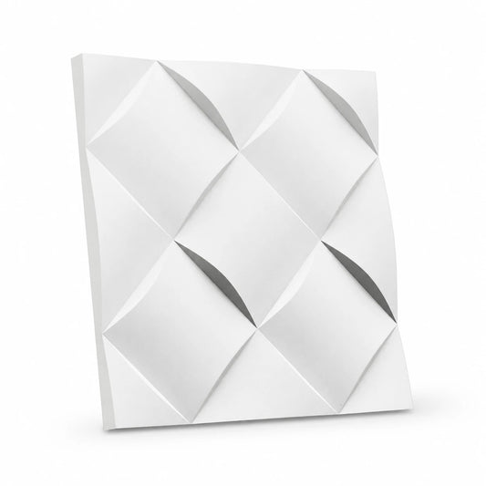 White WICKER gypsum 3D wall panel measuring 50 × 50 cm, displayed on a white background with a soft natural shadow