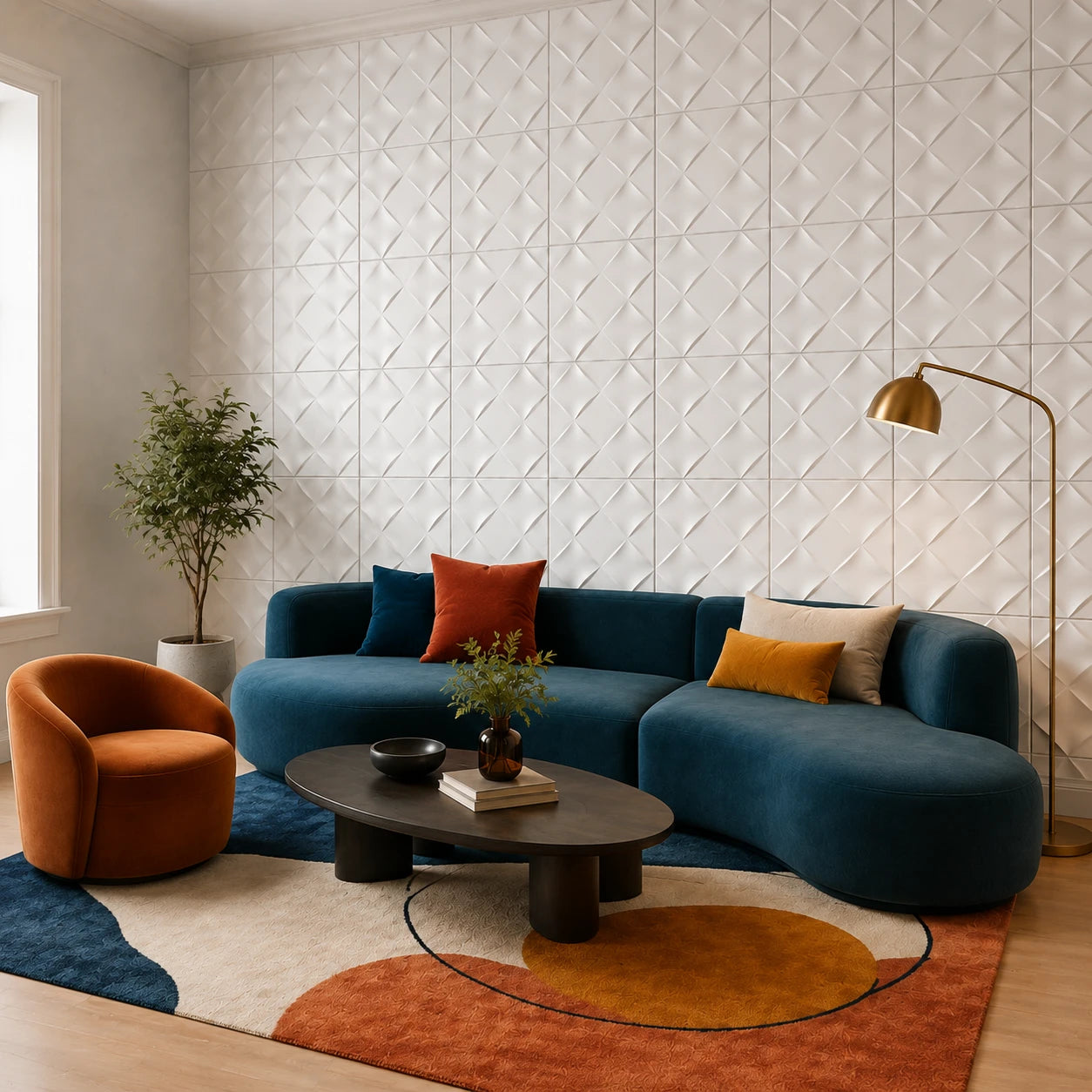 Angled view of a modern living room featuring white WICKER gypsum 3D wall panels, a teal curved sofa and warm orange accents
