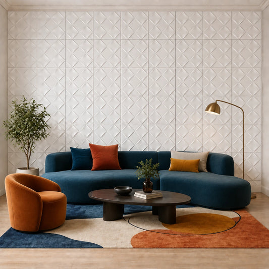 Front view of a colourful modern living room with white WICKER gypsum 3D wall panels, a teal sofa, orange chair and abstract rug