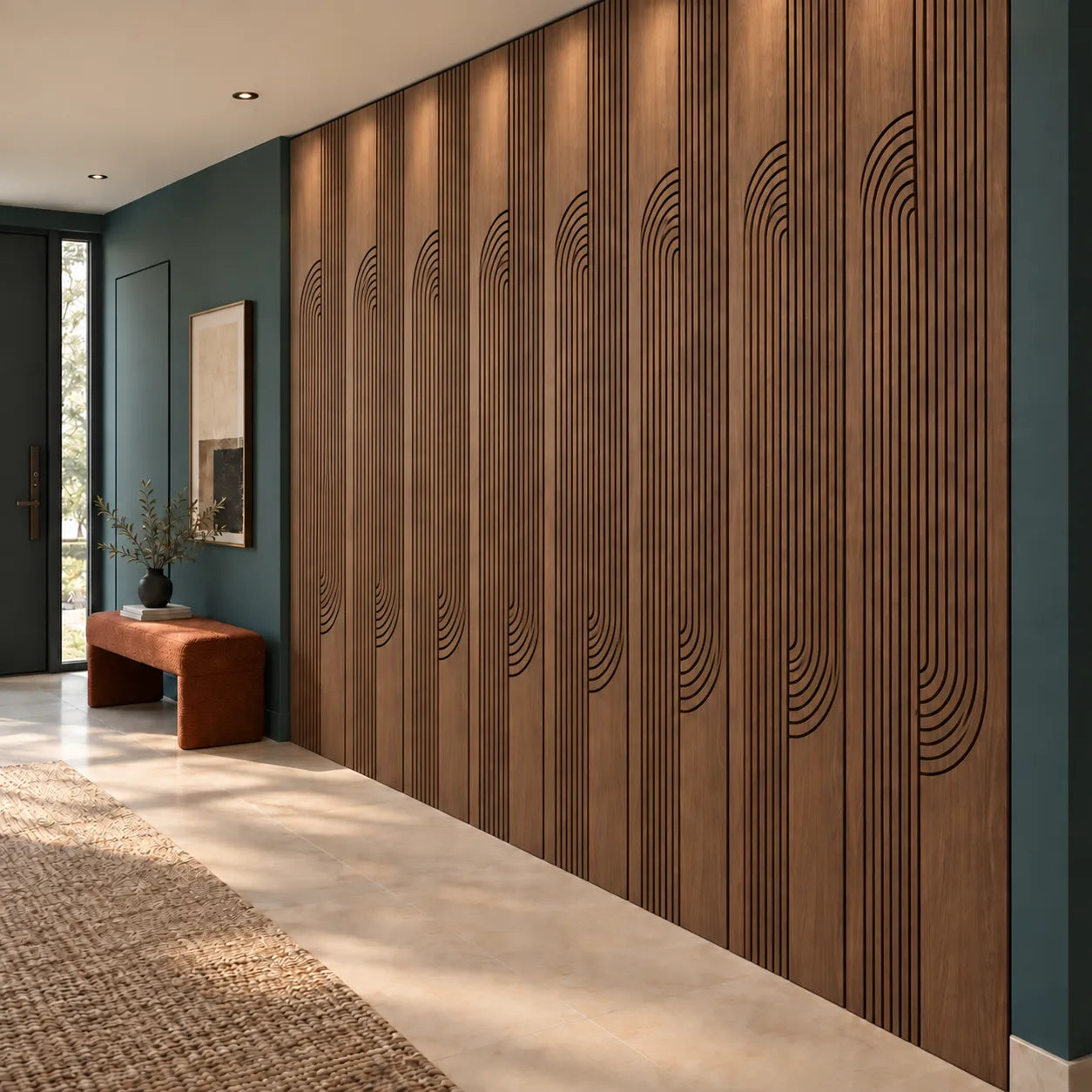 Walnut GrooveCraft Model 10 MDF wall panels in a modern hallway interior