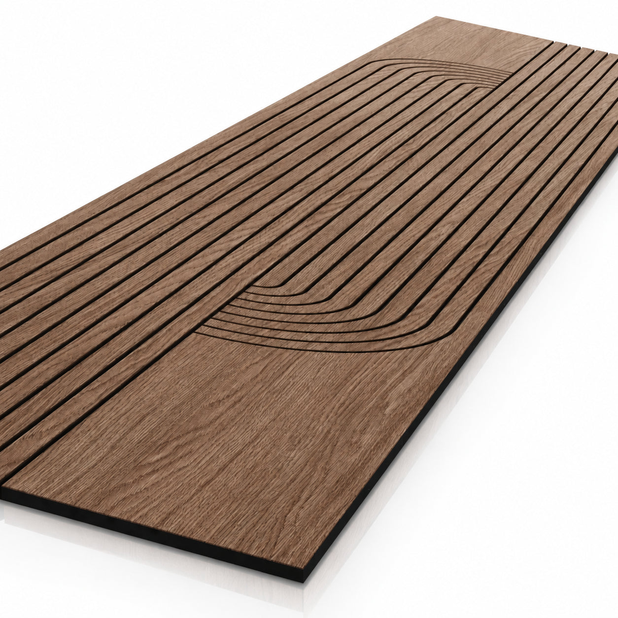 Close-up of Walnut GrooveCraft Model 10 MDF panel with milled geometric design