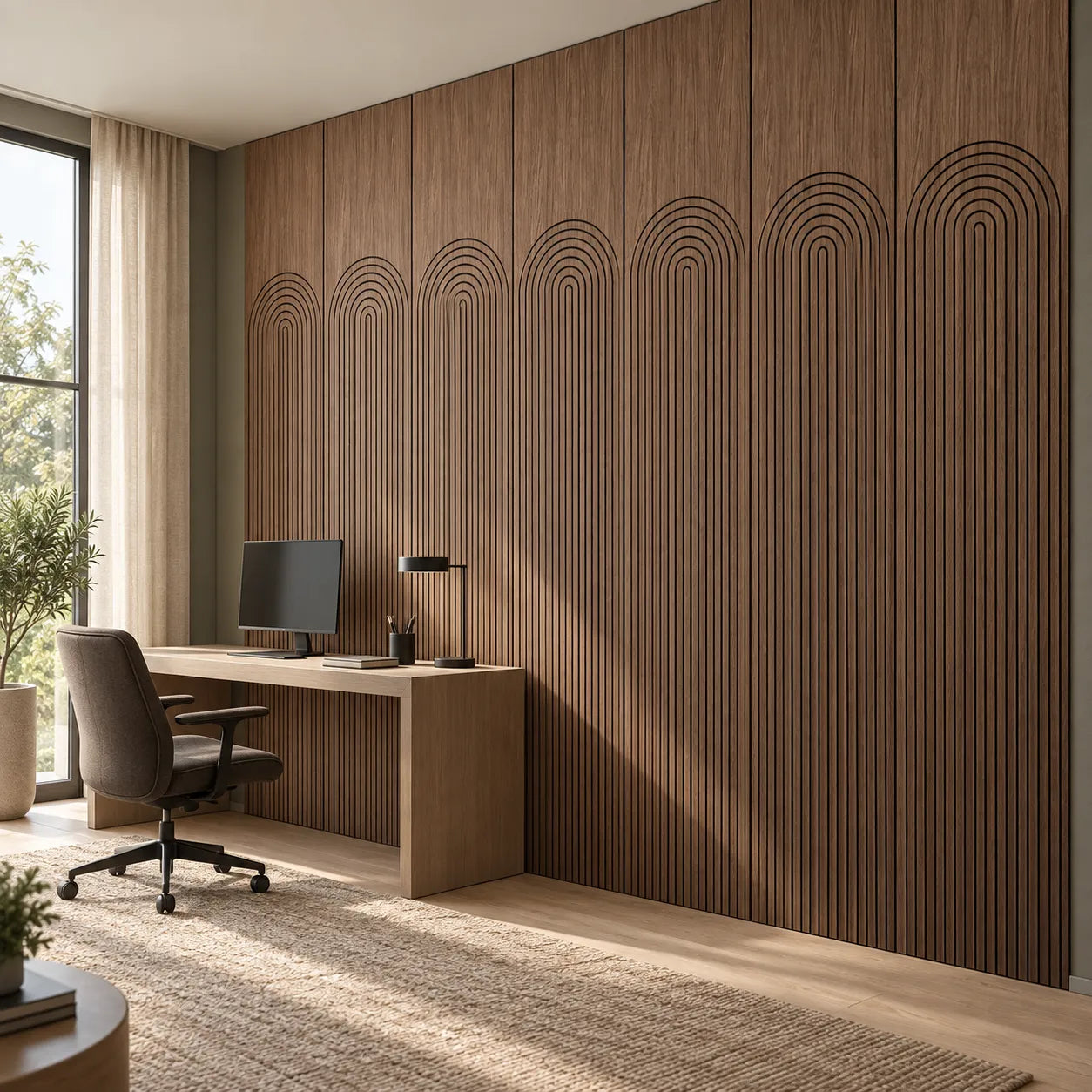 Walnut GrooveCraft Model 11 MDF wall panels in a modern home office