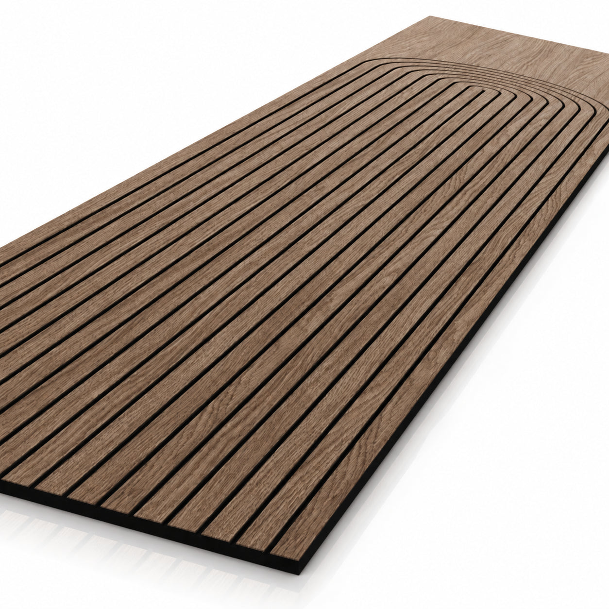 Close-up of Walnut GrooveCraft Model 11 MDF panel with arched milled design
