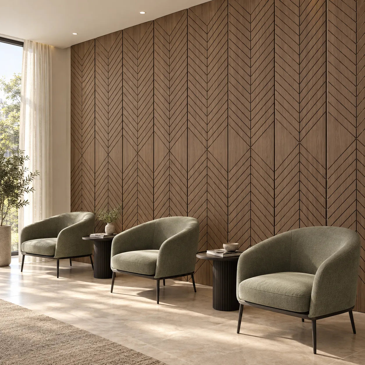 Walnut GrooveCraft Model 14 MDF wall panels in a modern lounge interior