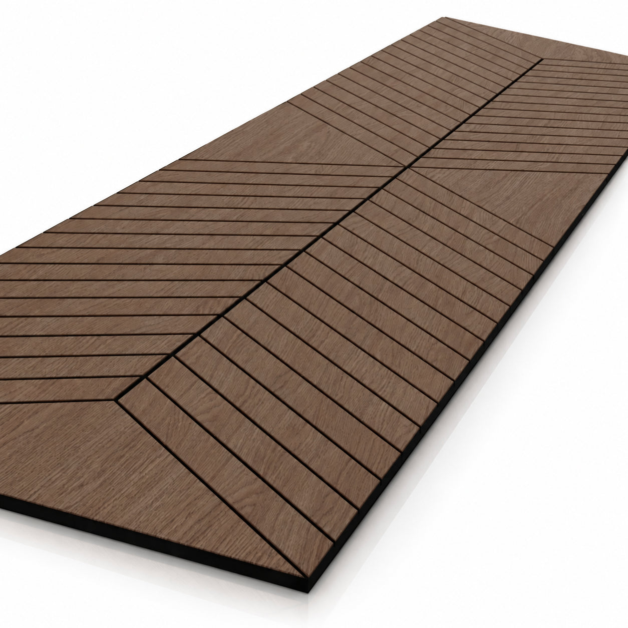 Close-up of Walnut GrooveCraft Model 14 MDF panel with chevron milled design