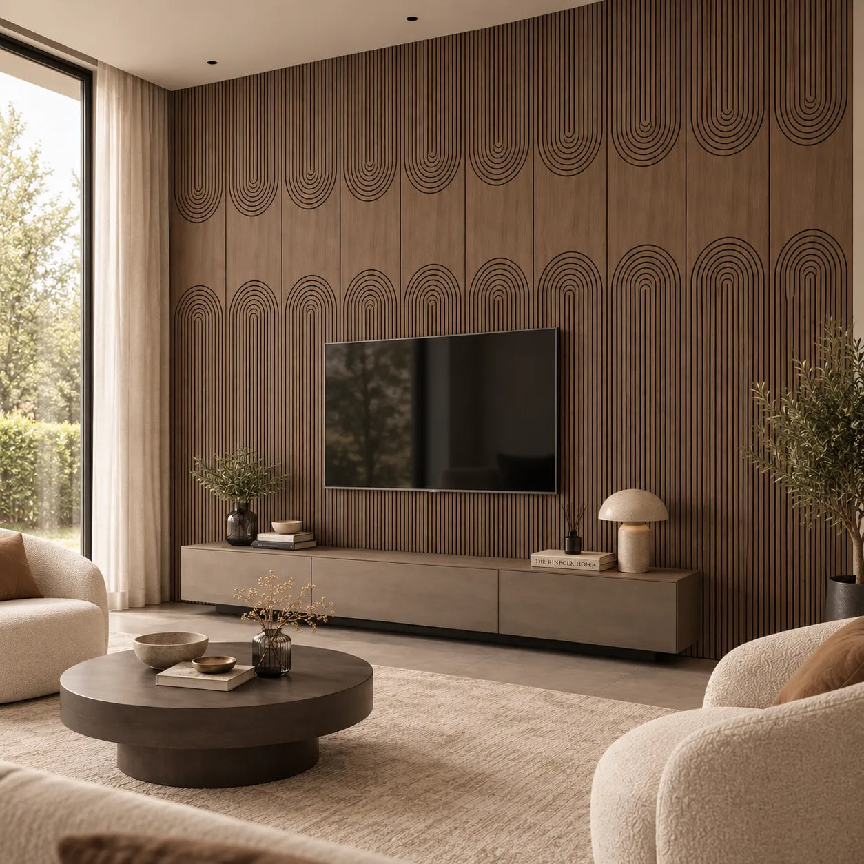Walnut GrooveCraft Model 16 MDF wall panels in a modern living room with TV