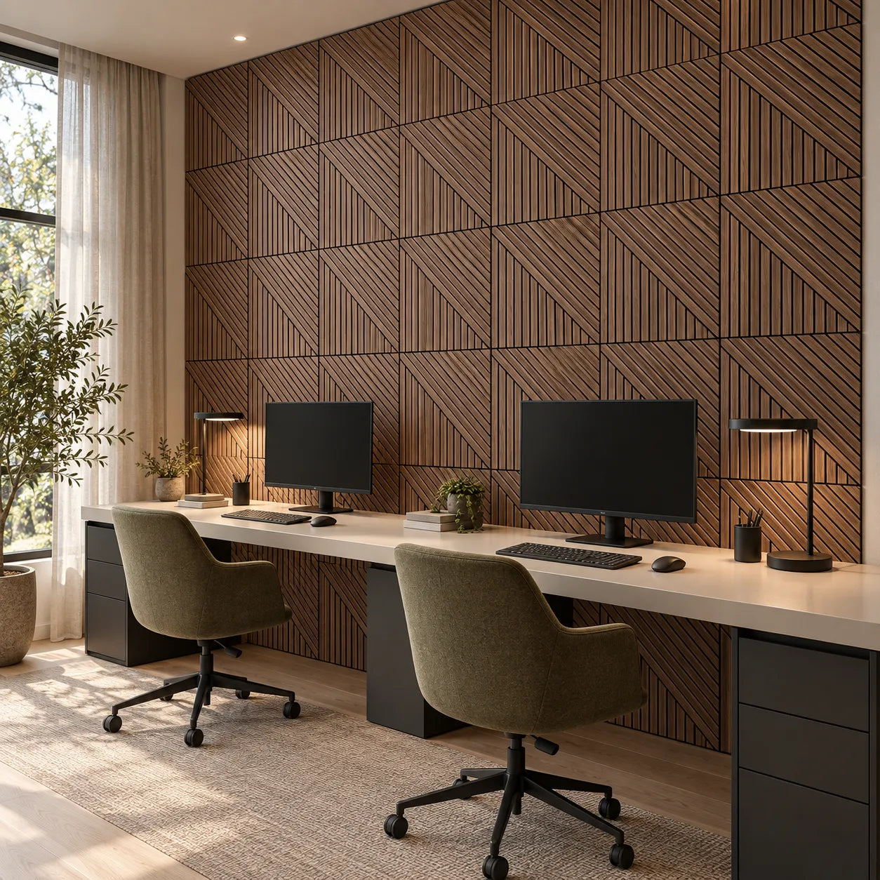 Walnut GrooveCraft MDF acoustic wall panels in a modern office
