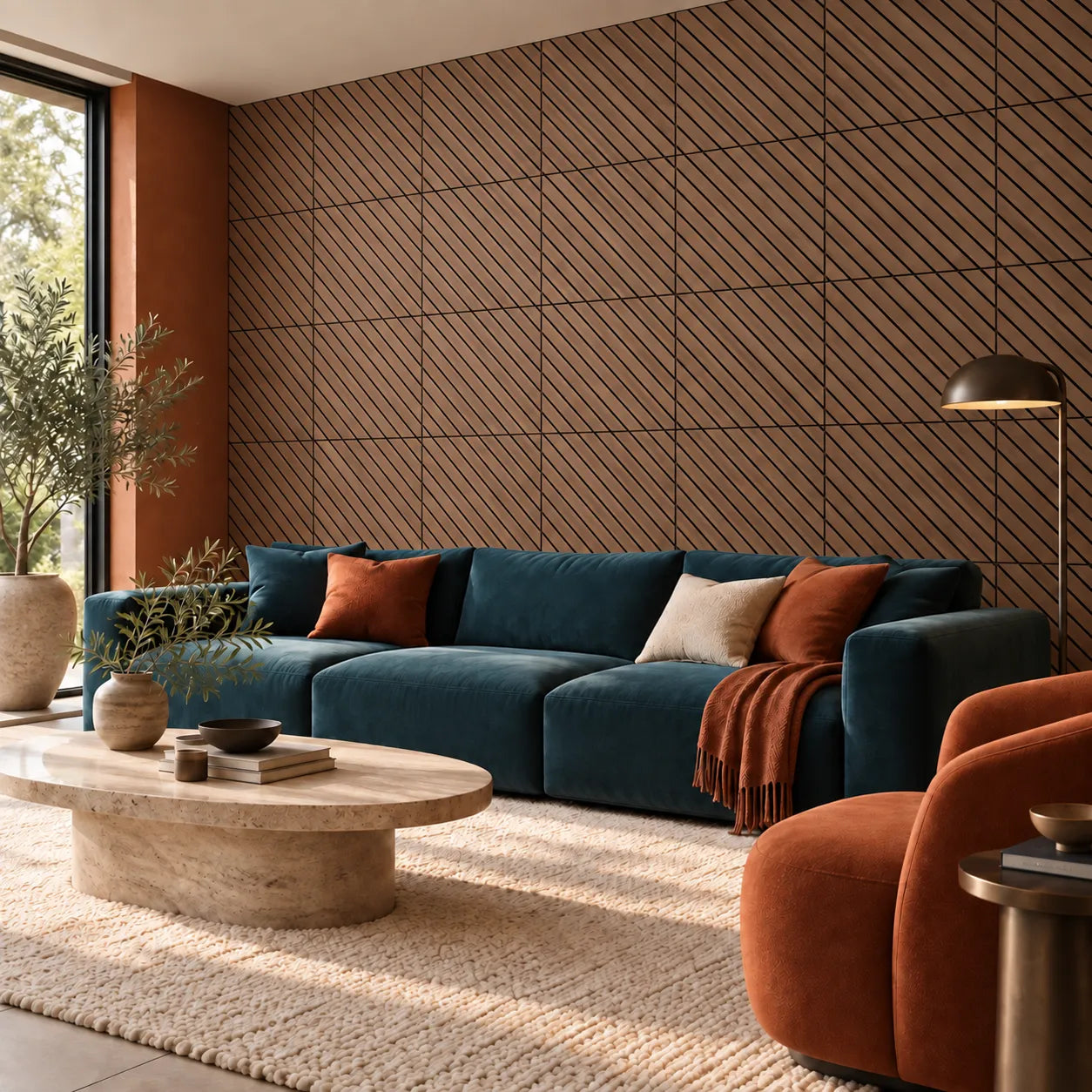 Walnut GrooveCraft MDF acoustic wall panels in a modern living room