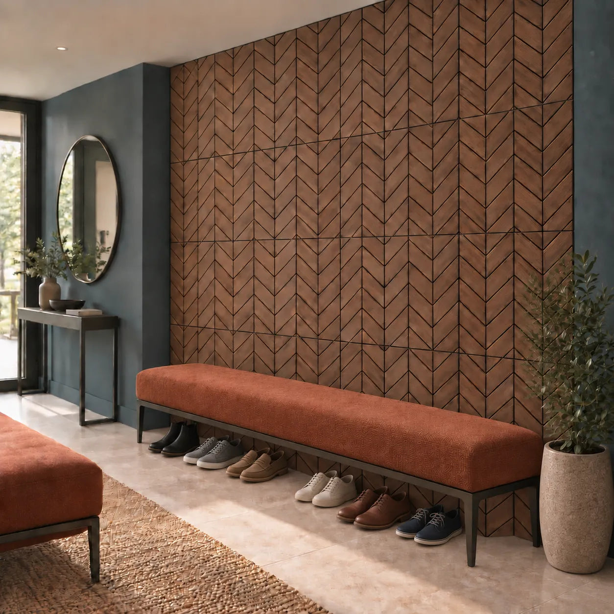 Walnut GrooveCraft Model 7 MDF wall panels in a modern hallway