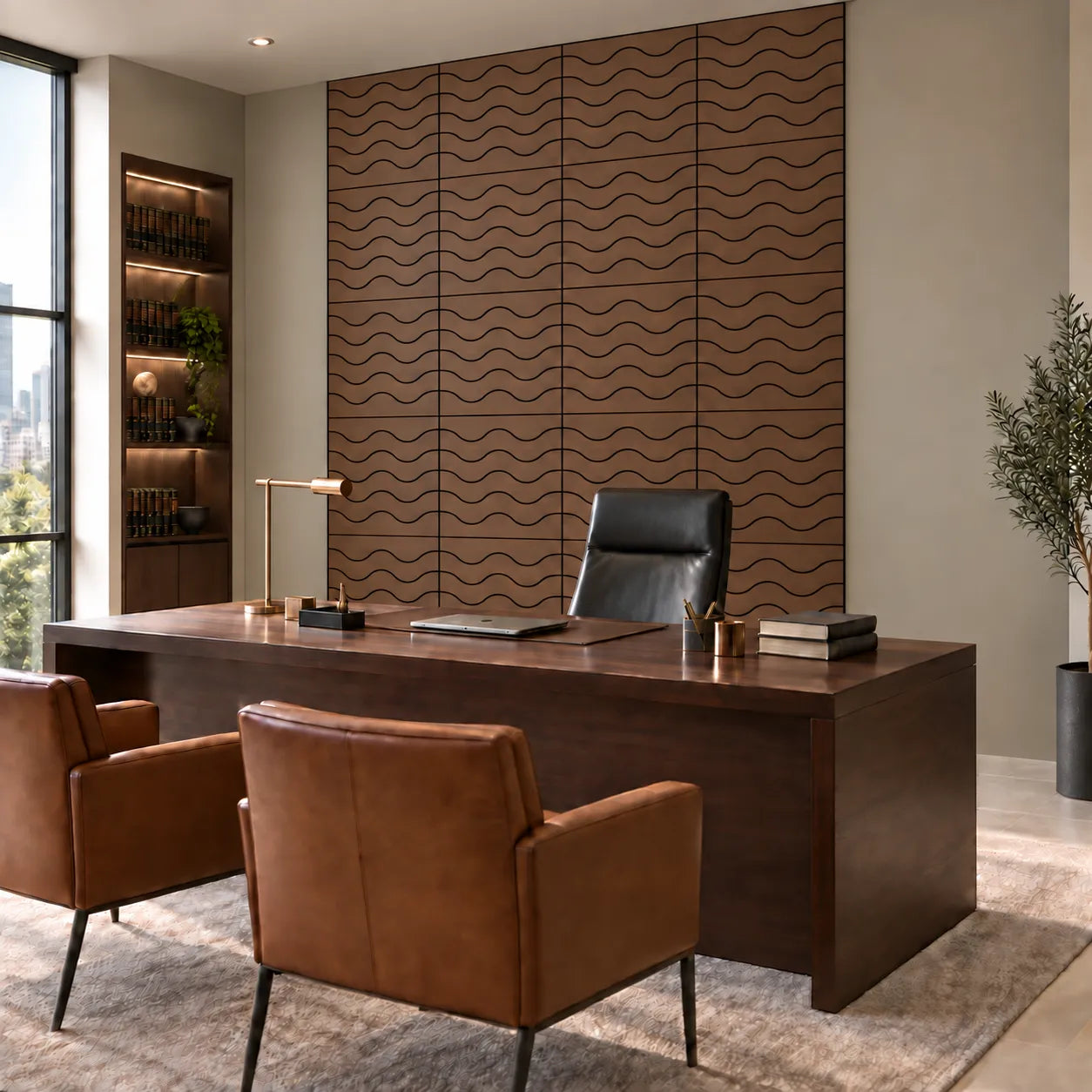 Walnut GrooveCraft Model 8 MDF wall panels in a modern office