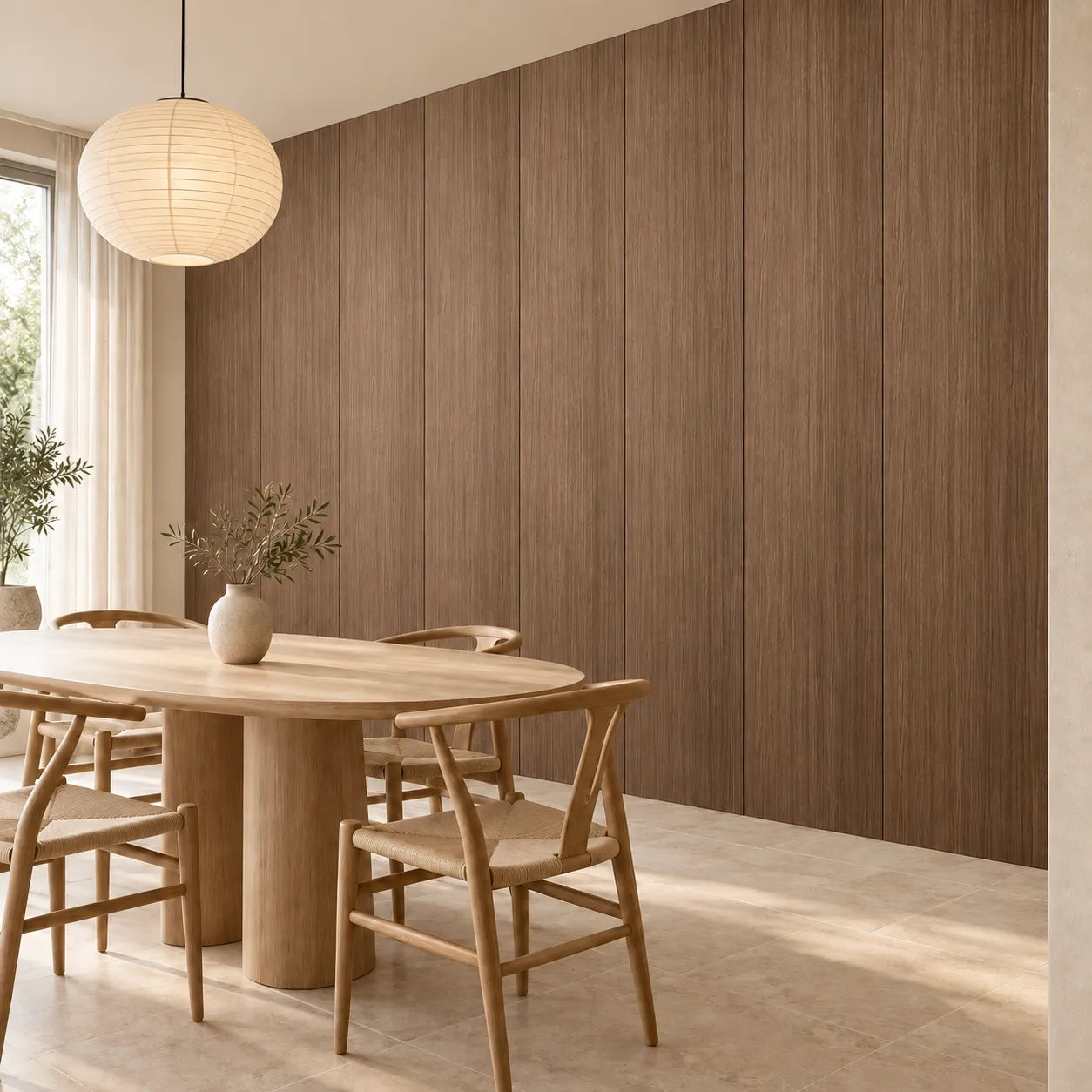 Walnut GrooveCraft MDF wall panel in a modern dining room