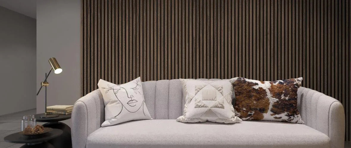 Walnut Acoustic Wood Slat Wall Panel in living room interior DecorMania.eu