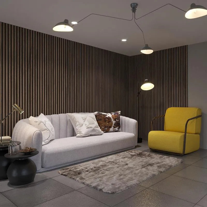 Walnut Acoustic Wood Slat Wall Panel in living rom interior DecorMania.eu