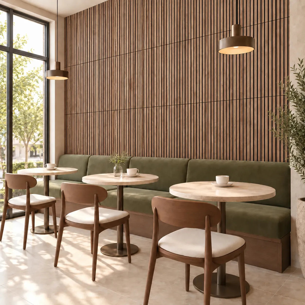 Angled Walnut Wood Slat Wall Panelling installed in modern café interior