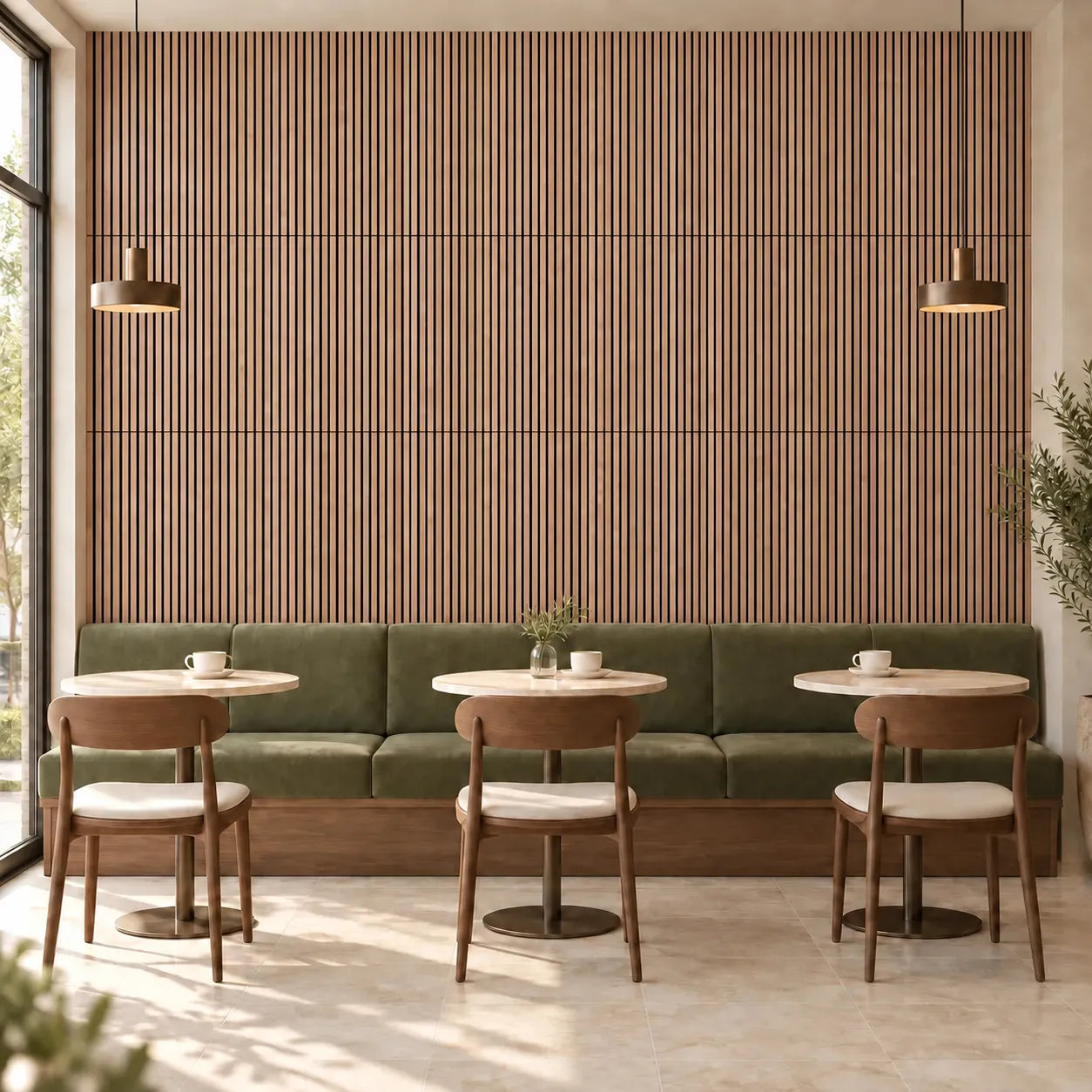 Front view of Walnut Wood Slat Wall Panelling feature wall