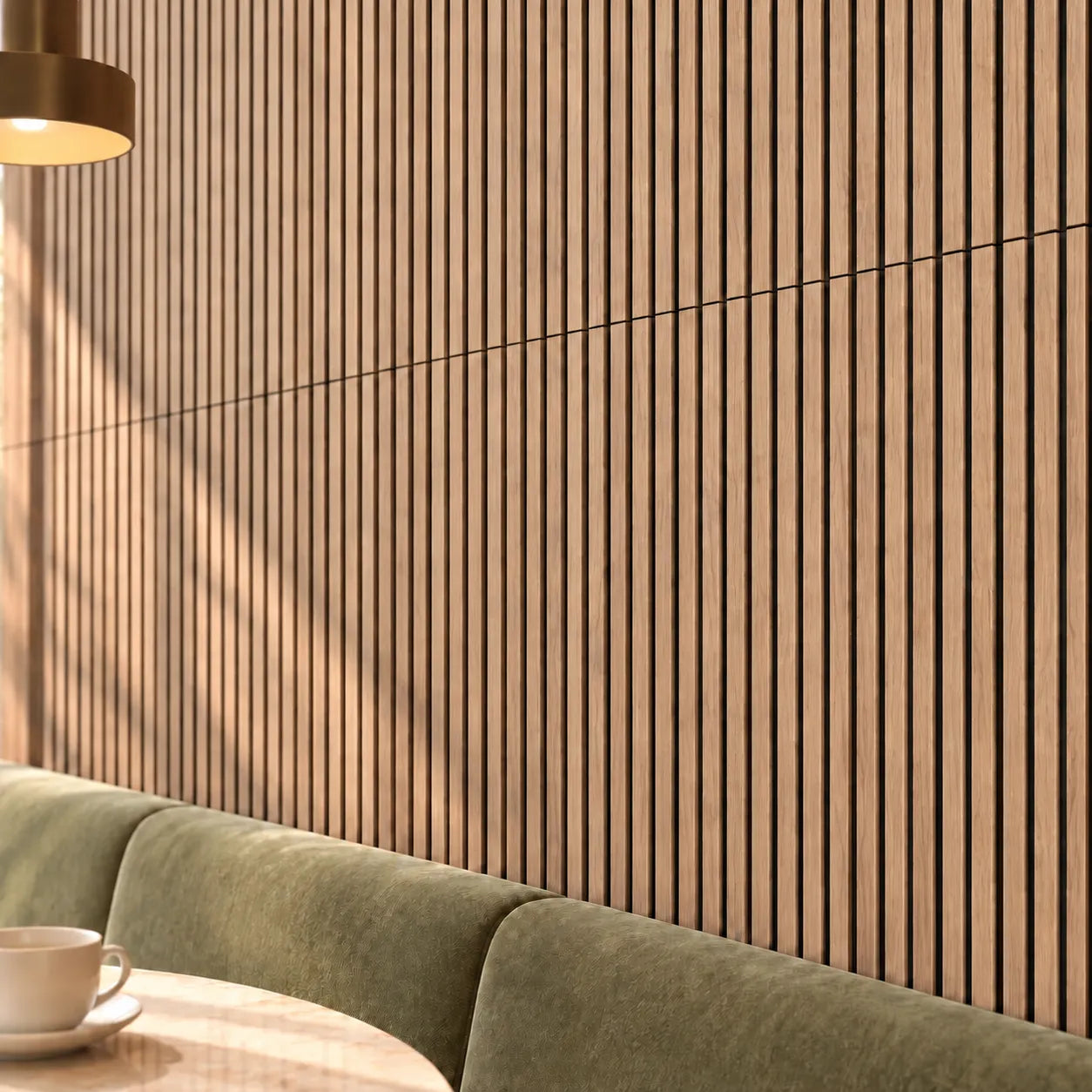 Close-up of Walnut slat wall panels with black felt backing