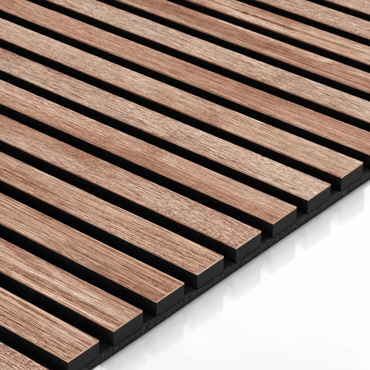 Walnut acoustic slat panel with black MDF and veneer detail