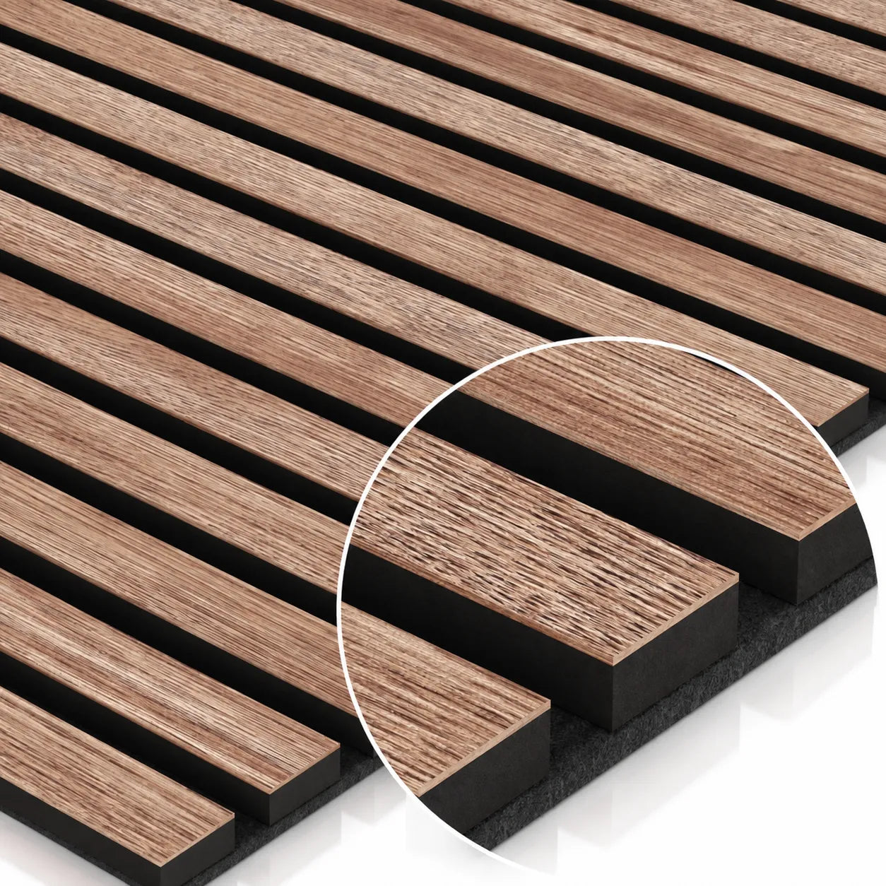 Detailed Walnut veneer slats mounted on black acoustic felt