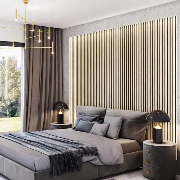 Acoustic Slatted Wall Panels White Matt  feature wall in bedroom interior DecorMania.eu