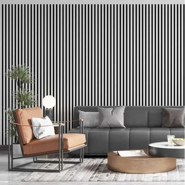 Acoustic Slatted Wall Panels White Matt  feature wall in living room interior DecorMania.eu