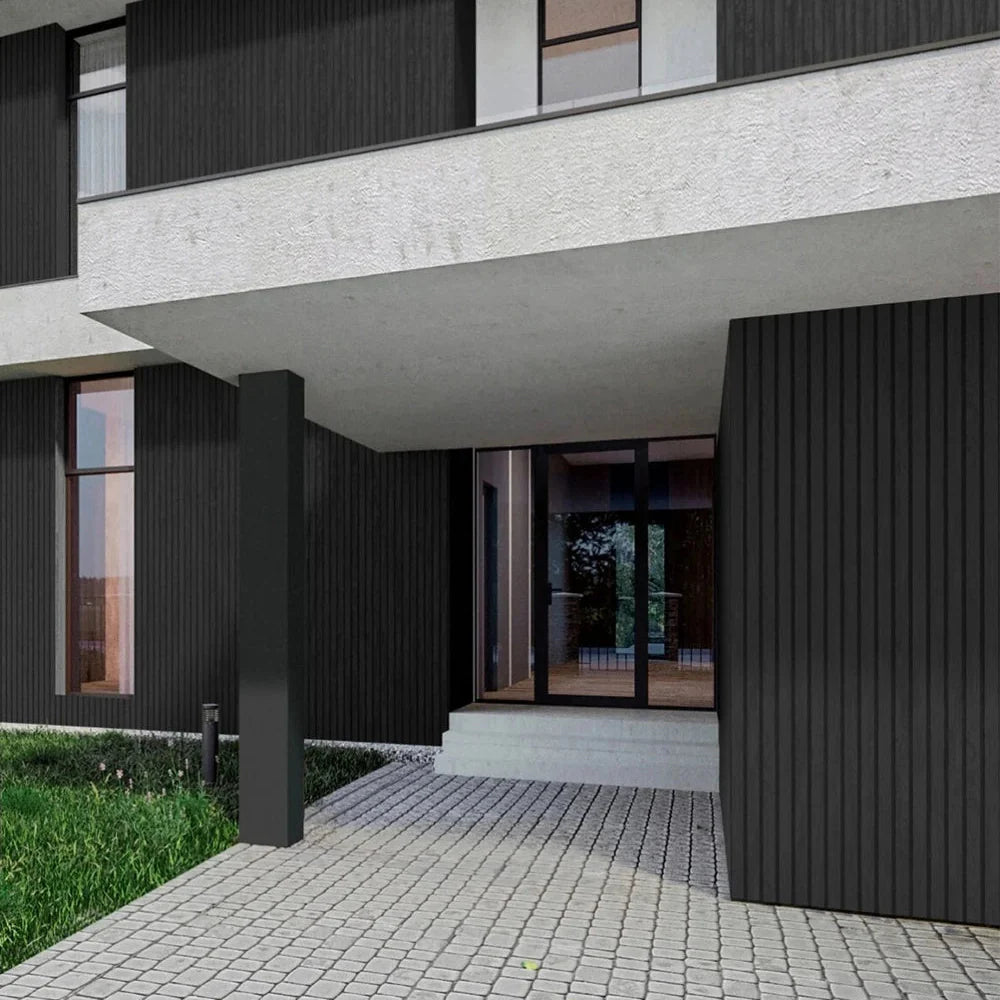 Wood Texture Flexible Wall Panels LINE GRAPHITE on contemporary house elevation Decormania.eu
