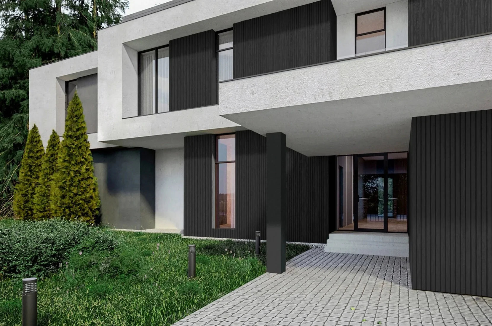 Wood Texture Flexible Wall Panels LINE GRAPHITE on house front elevation Decormania.eu