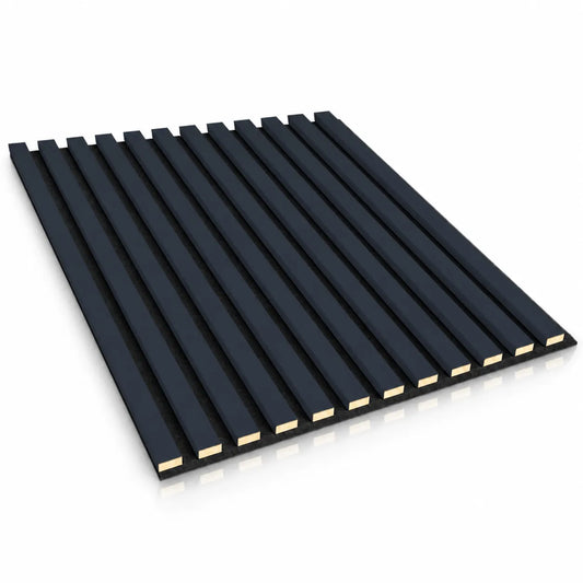 Anthracite acoustic wood slat wall panel with evenly spaced dark slats on black acoustic felt backing