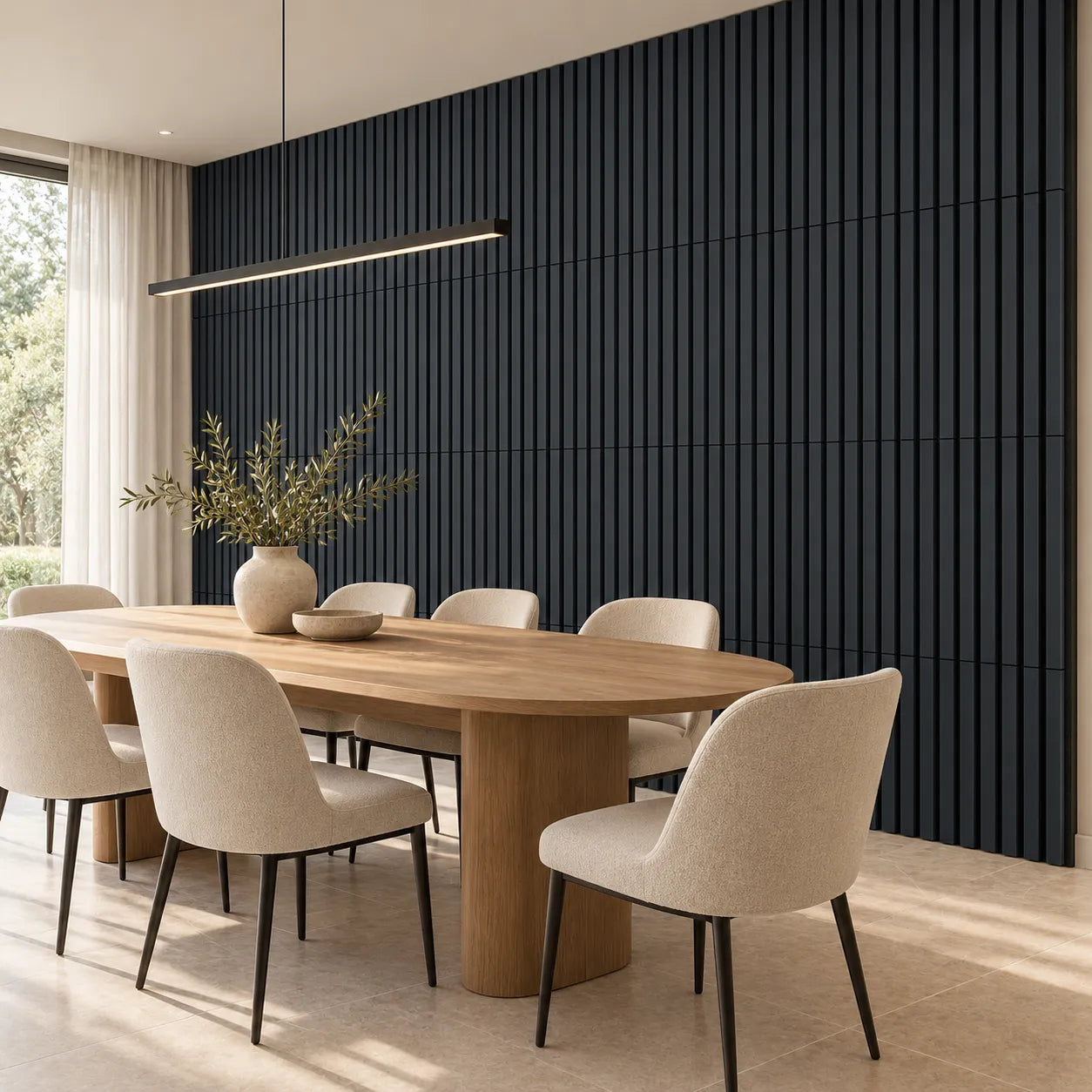Modern dining area with anthracite acoustic wood slat panels covering a large feature wall