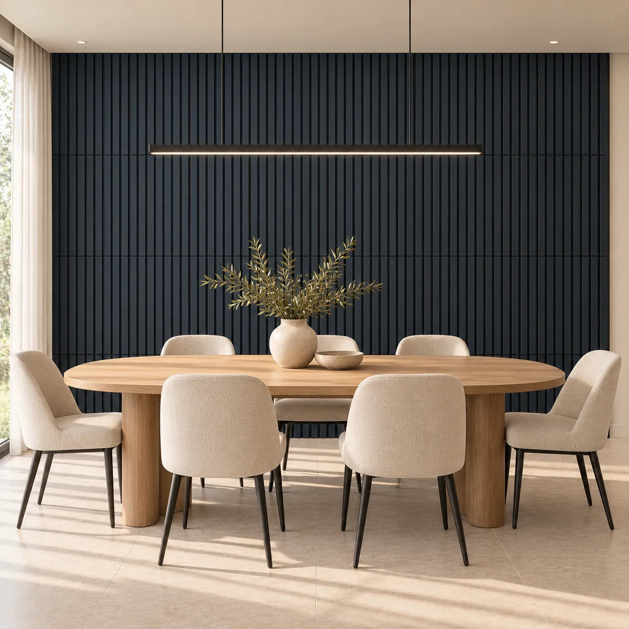 Modern dining room with anthracite acoustic wood slat panels installed as a full feature wall