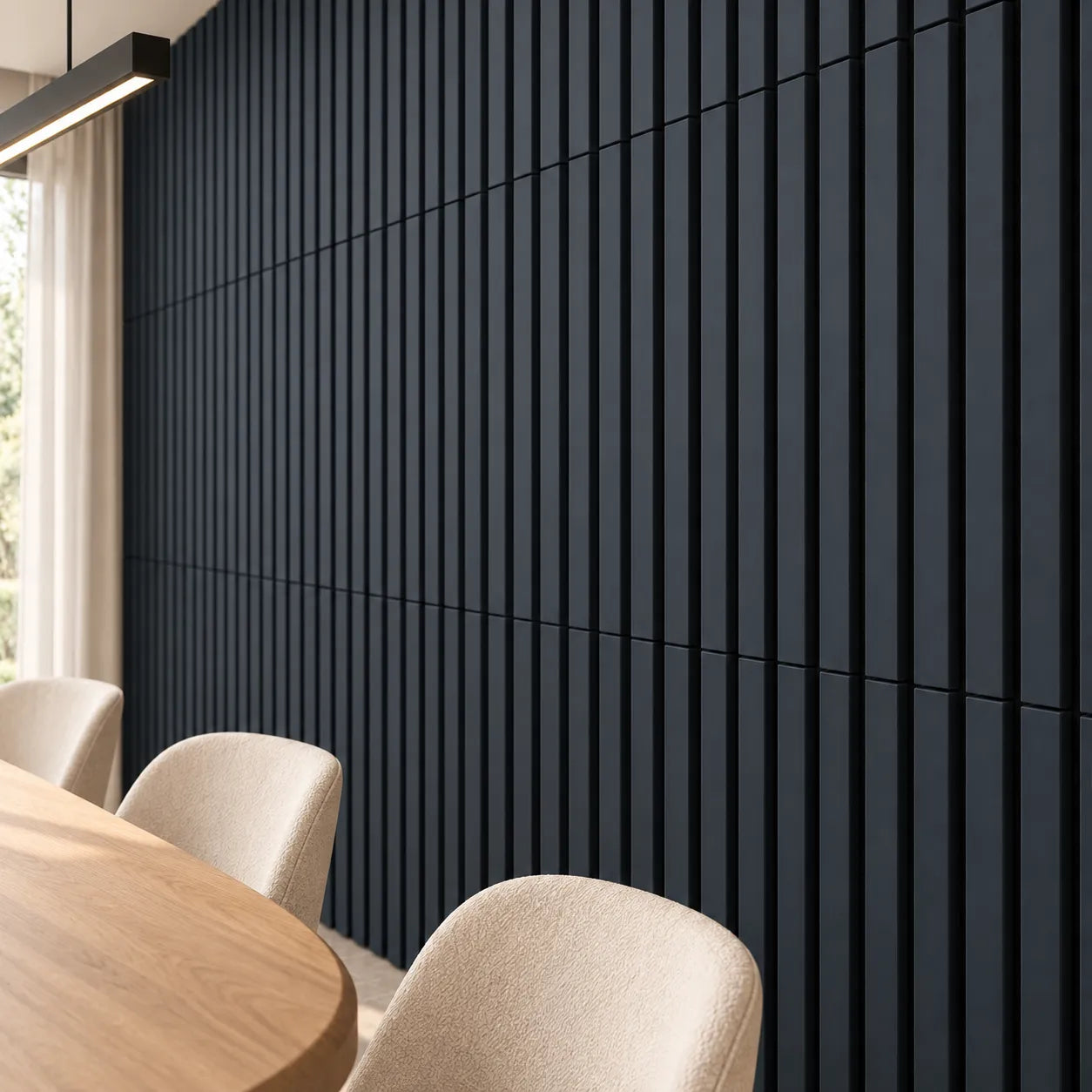 Angled close-up of anthracite acoustic wood slat wall panels in a contemporary dining room interior