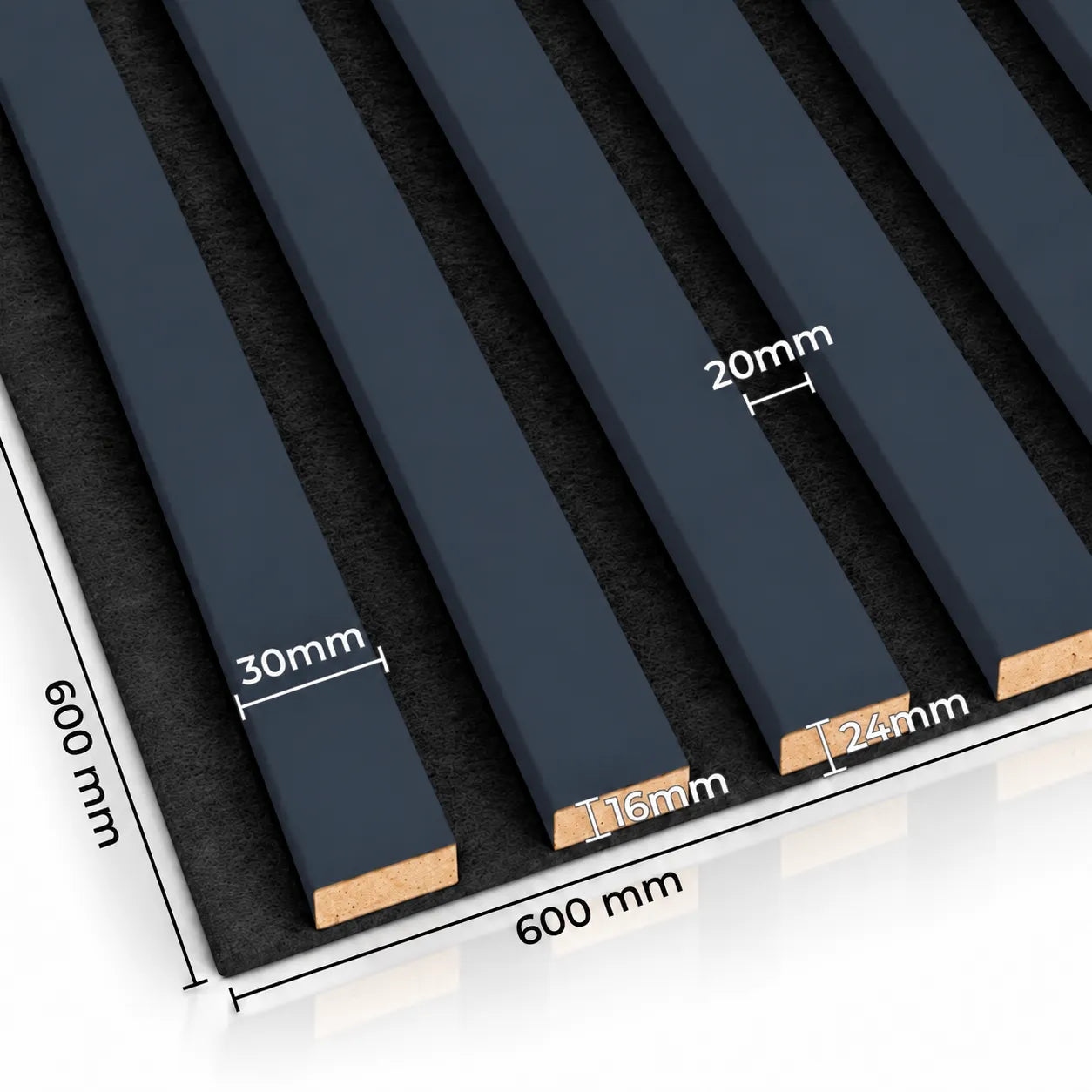 Anthracite acoustic wood slat panel with black felt backing, showing 30 mm slats, 20 mm spacing and panel dimensions
