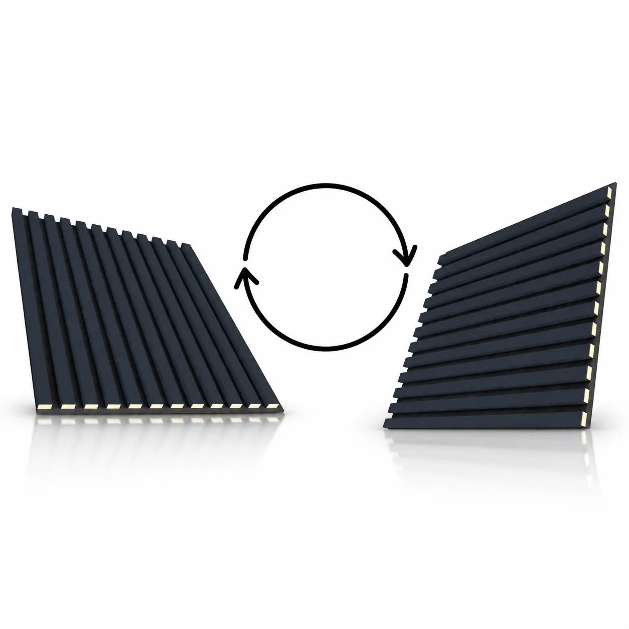 Anthracite acoustic slat panels shown in vertical and horizontal orientations on a white background