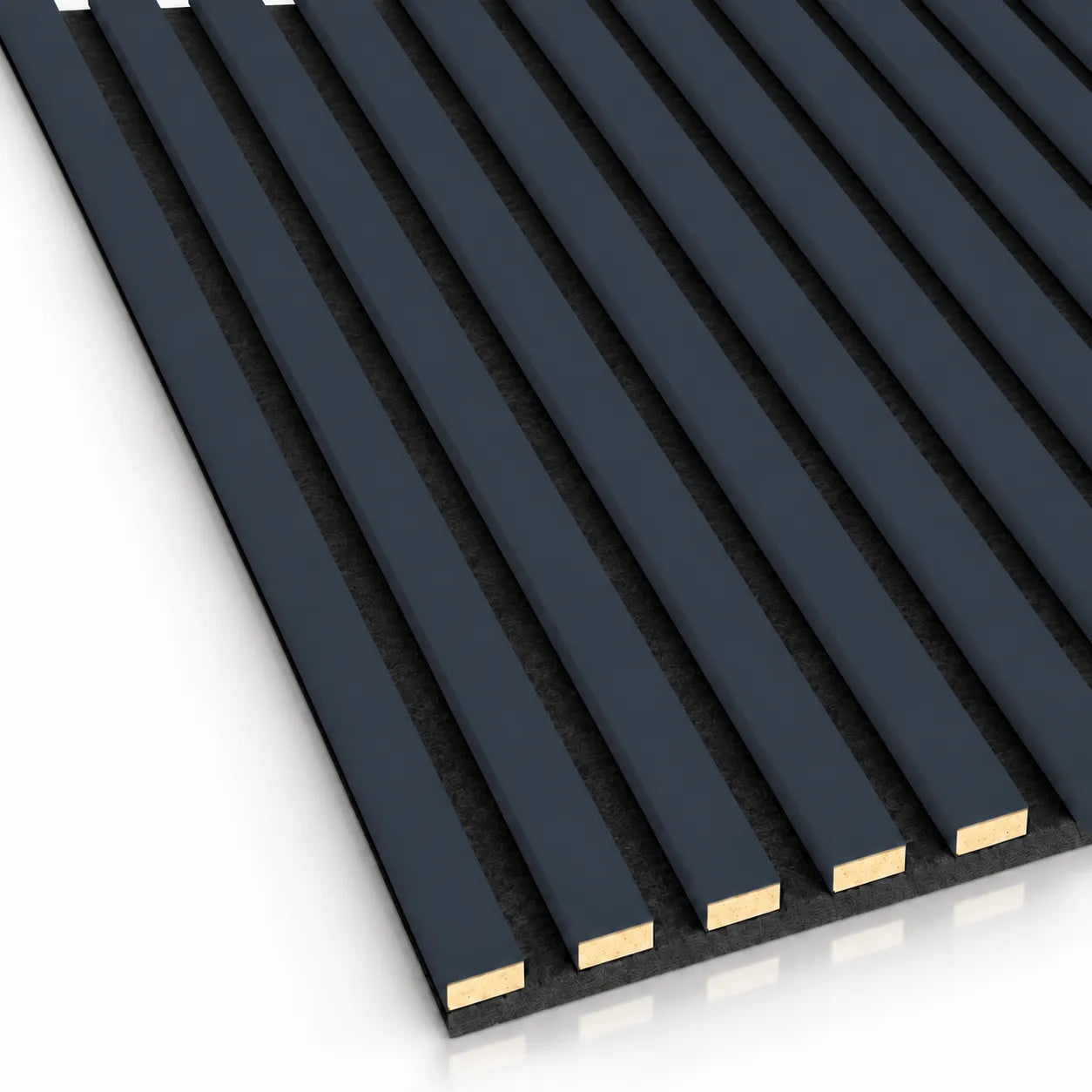 Close-up of anthracite acoustic wood slats mounted on black felt backing with visible slat edges and spacing