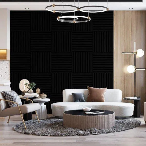 Wooden Acoustic Panels - BLACK Wall Slats in living room interior DecorMania.eu