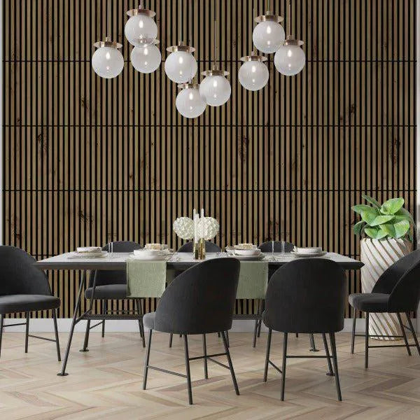 Wooden Acoustic Panels - EUROPEAN OAK Wall Slats in dining room interior DecorMania.eu