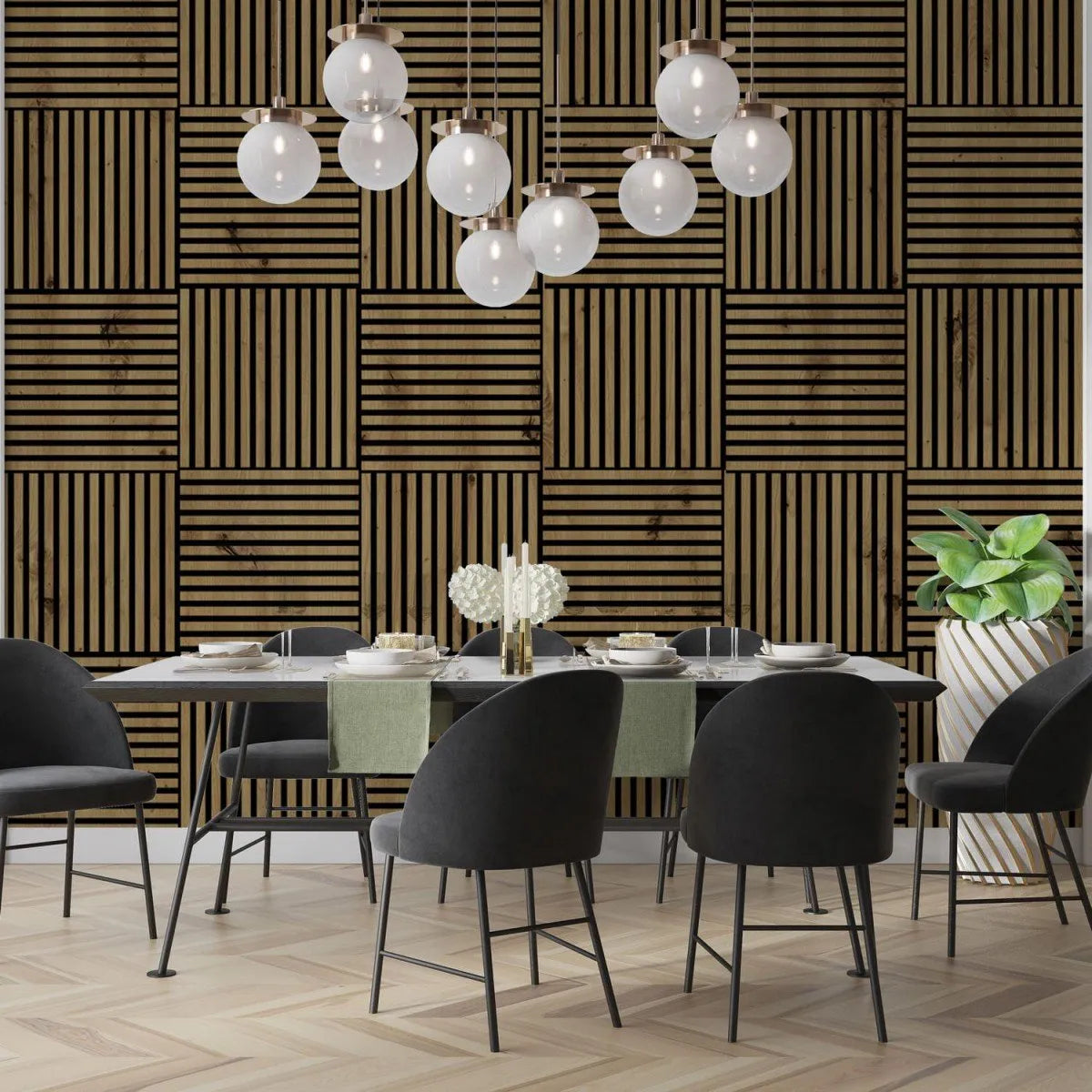 Wooden Acoustic Panels - EUROPEAN OAK Wall Slats in dining room interior DecorMania.eu