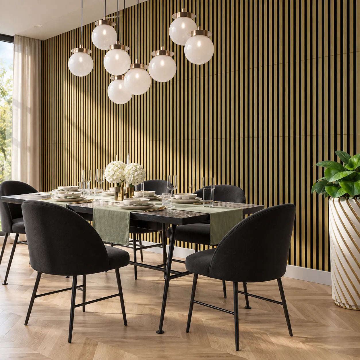 Gold Wall Slats acoustic panel in modern dining room