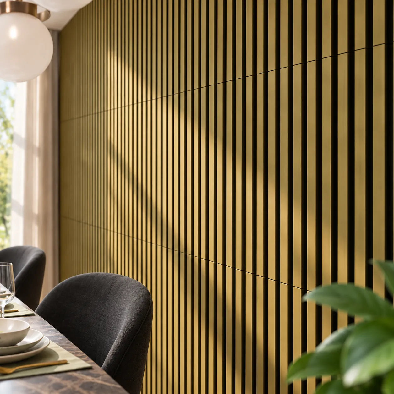 Close-up of Gold Wall Slats feature wall at 45 degree angle