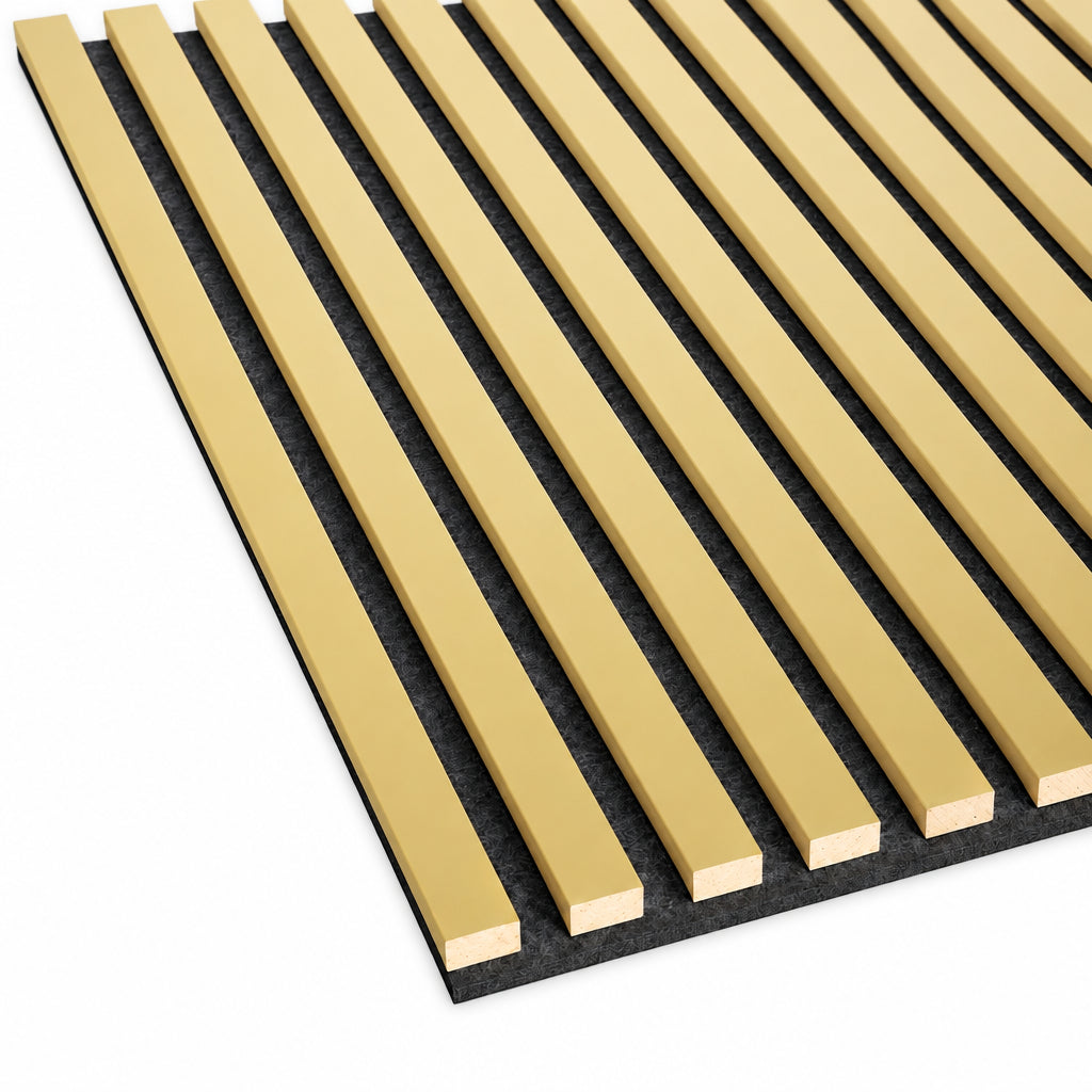 Close-up of Gold Wall Slats acoustic panel on black felt