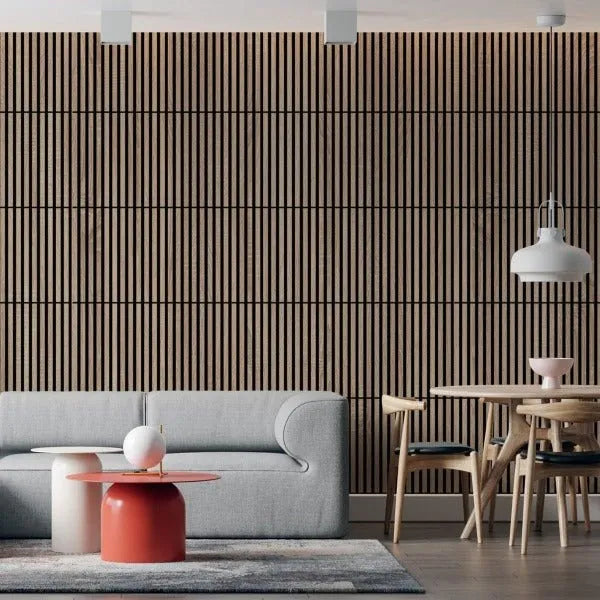 Wooden Acoustic Panels - GREY OAK Wall Slats in living room interior DecorMania.eu