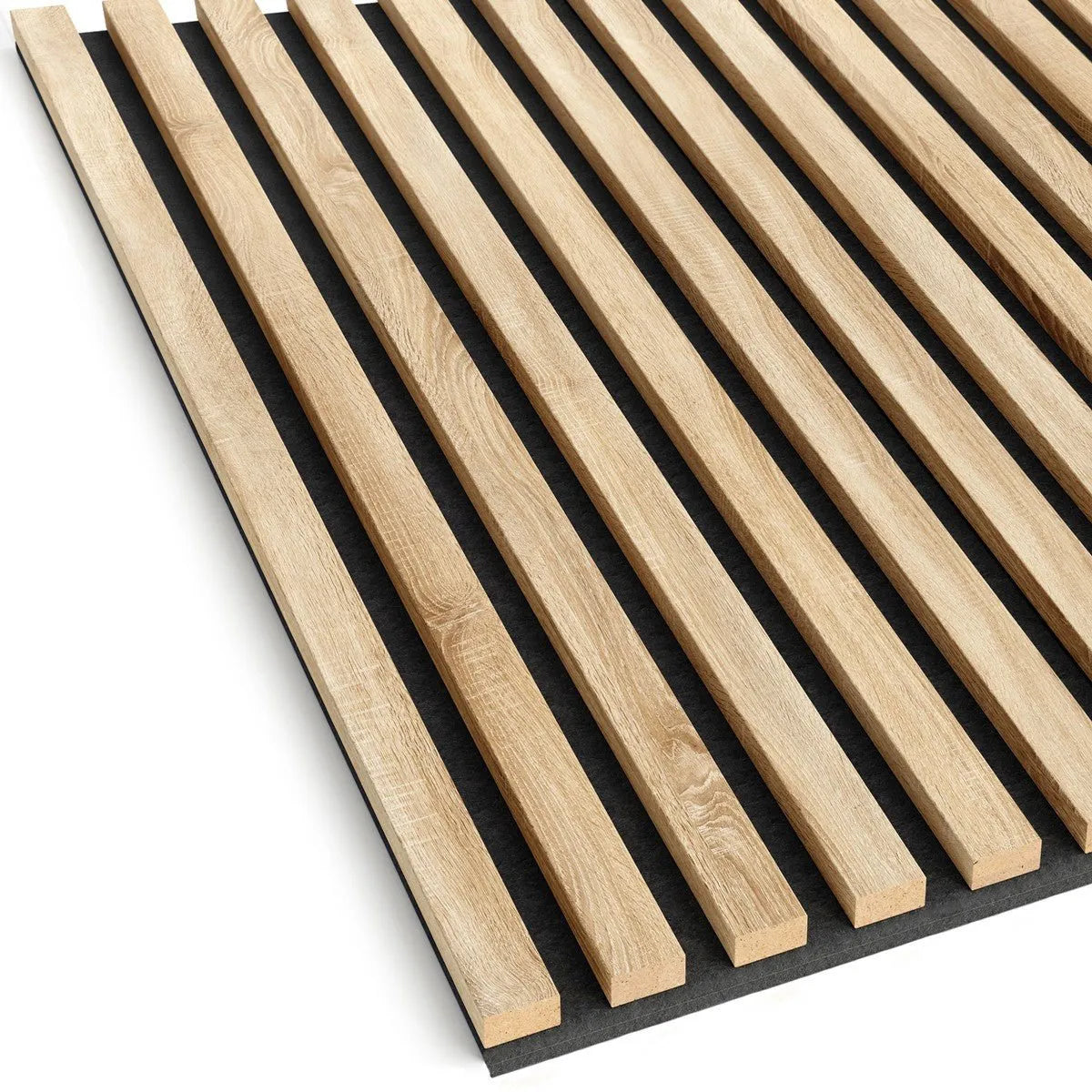 Wooden Acoustic Panels - GREY OAK Wall Slats on white background DecorMania.eu