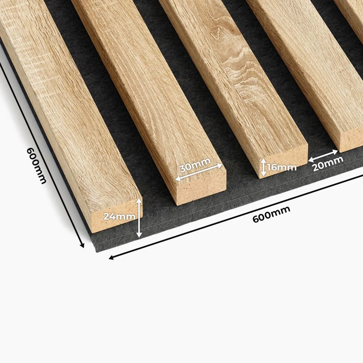 Wooden Acoustic Panels - GREY OAK Wall Slats on white background DecorMania.eu