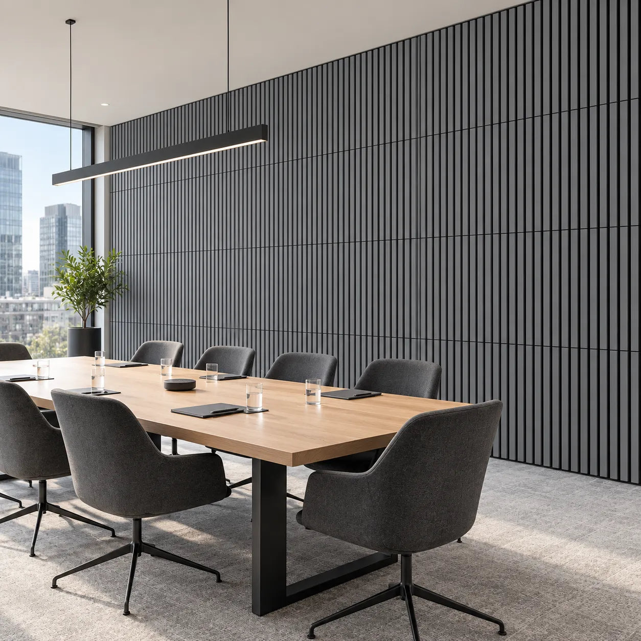 Grey acoustic wall slats in contemporary office interior