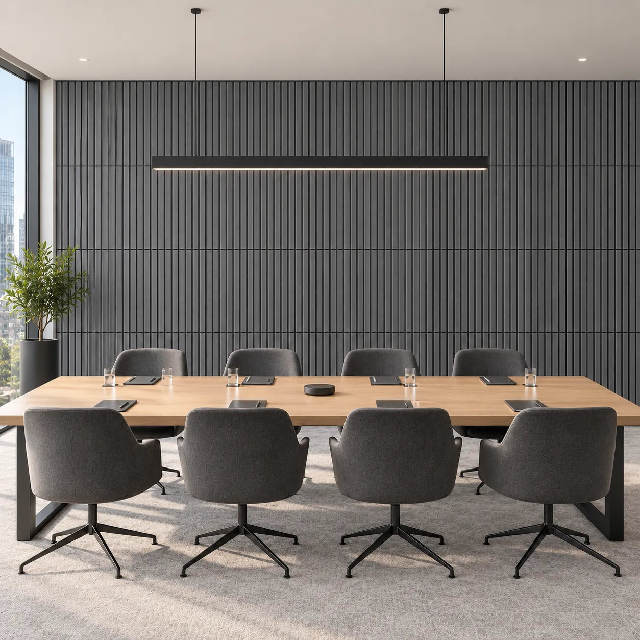 Grey Wall Slats acoustic feature wall behind meeting table