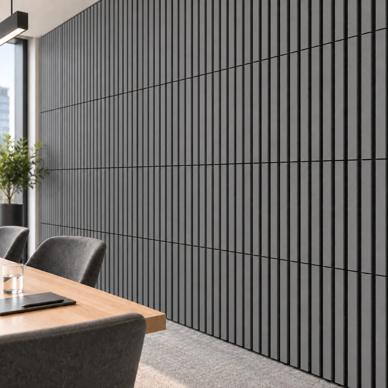 Close-up of Grey Wall Slats feature wall in conference room