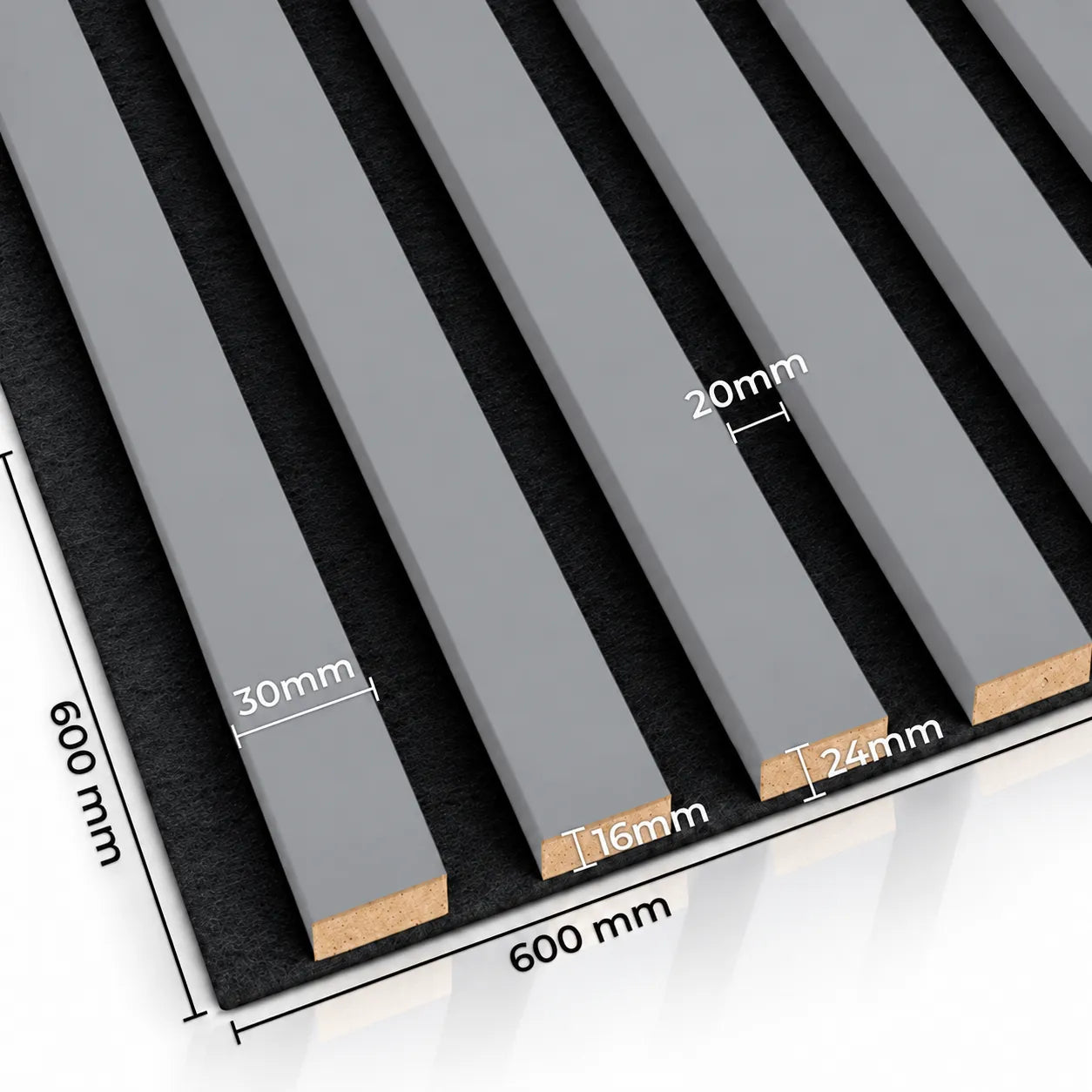 Grey Wall Slats 60 x 60 cm acoustic panel dimensions